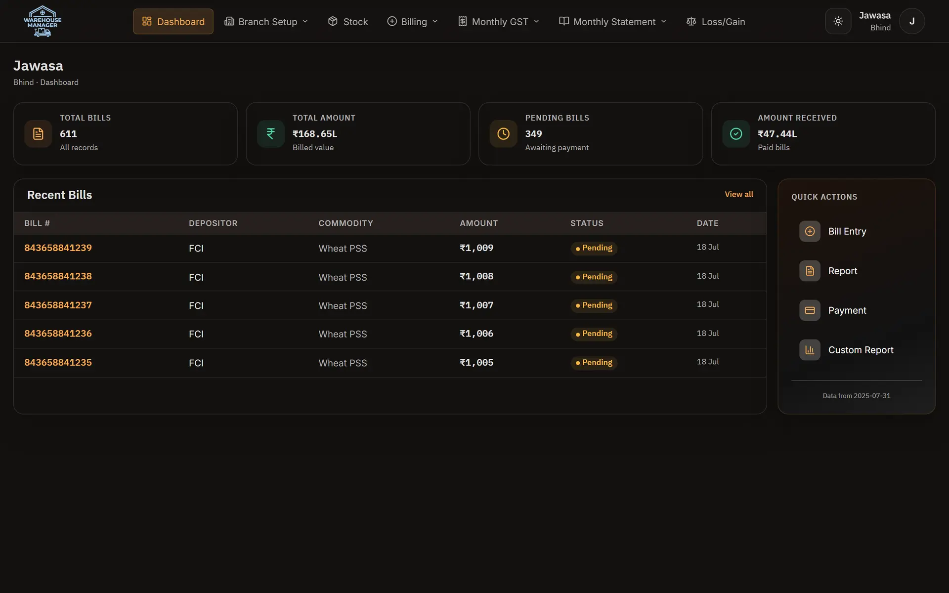 असल Warehousemanager branch dashboard — bills, pending amount, recent activity